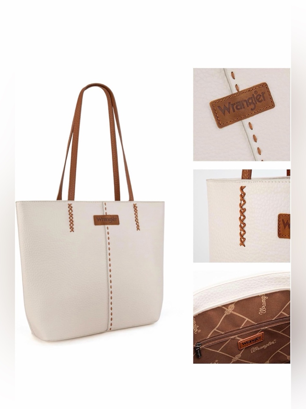 Wrangler Cream Tote with Brown Straps NEW NWT Western Wrangler pocket Purse - Picture 2 of 10